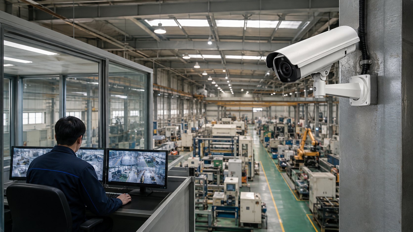공장 생산시설의 CCTV 카메라와 다중 화면을 확인하는 관제 담당자